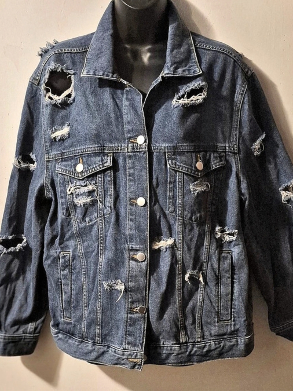 H&M Distressed Denim Jacket in Blue Size XL